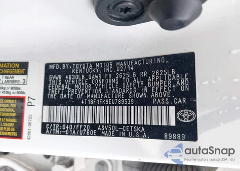 2014 Toyota Camry Se z USA, uszkodzony, nr VIN 4T1BF1FK9EU789539